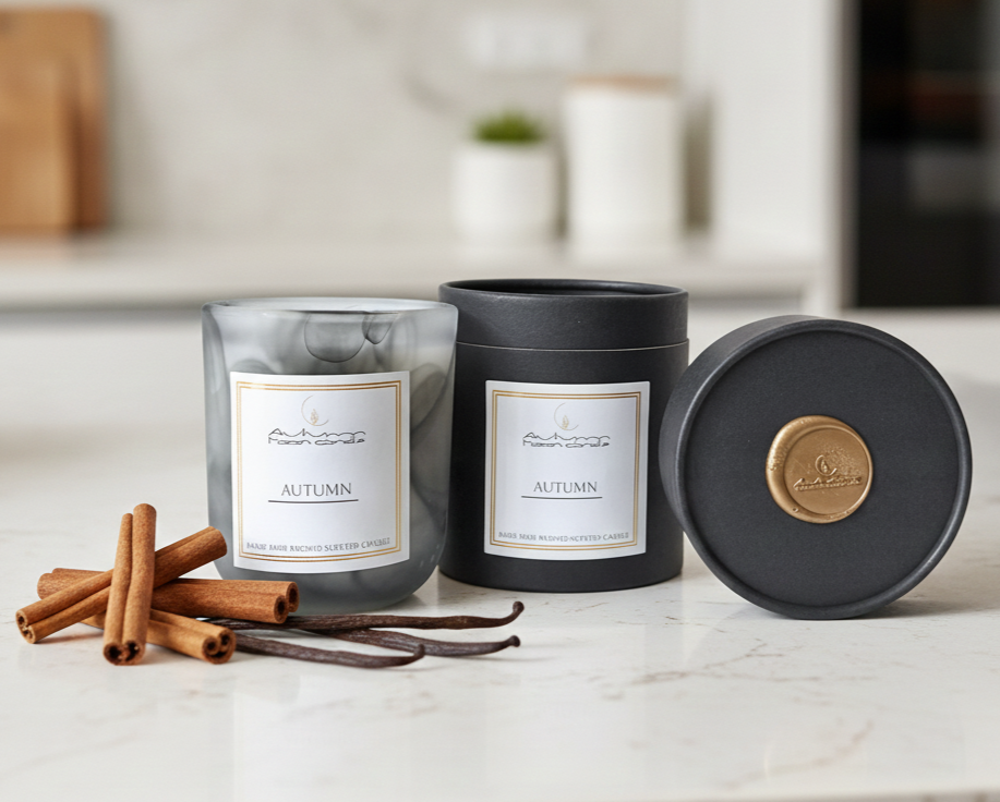 Autumn Moon Candle 10oz Autumn Candle with box pictured with cinnamon stick and vanilla beans on white kitchen countertop