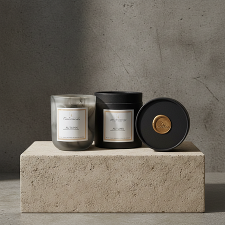 Autumn Moon Candle Autumn black candle with black box sitting on a stone pedestal