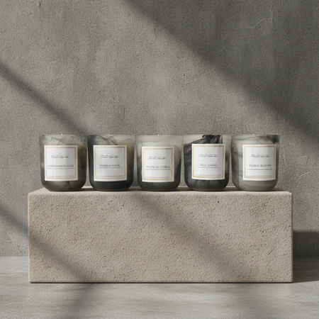 Autumn Moon Candle 10oz Jar candles in Pomegranate Noir, Vanilla Fleur, Tropical Citrus, Palo Santo, and Floral Blooms sitting on a concrete block 