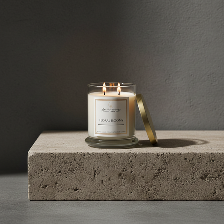 Autumn Moon Candle Floral Blooms glass candle sitting on stone pedestal