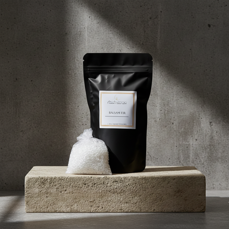 Autumn Moon Candle balsam fir sachet in a black bag on a stone pedestal