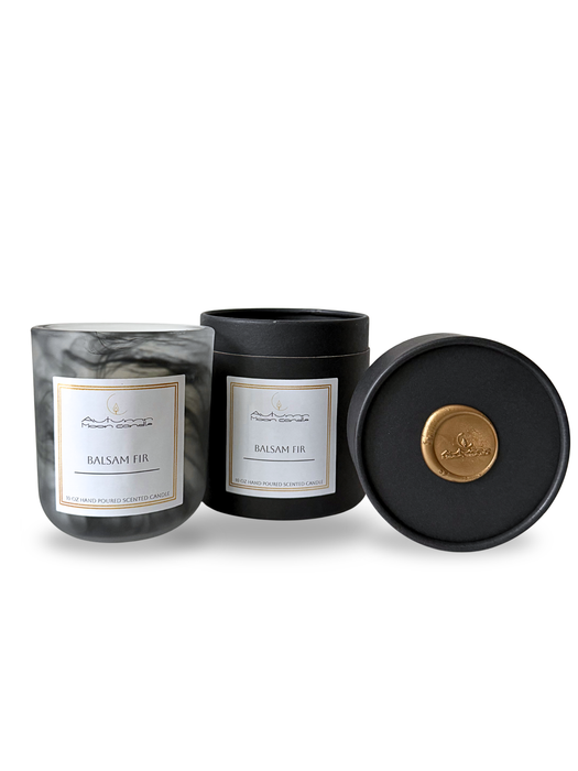 Autumn Moon Candle Balsam Fir scented candle with black box