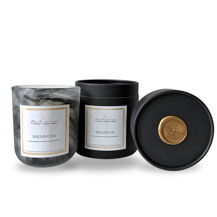 Autumn Moon Candle Balsam Fir scented candle with black box luxury evergreen scented candle