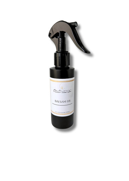 Autumn Moon Candle Room spray Bottle of 'Balsam Fir' with a black spray nozzle on a white background