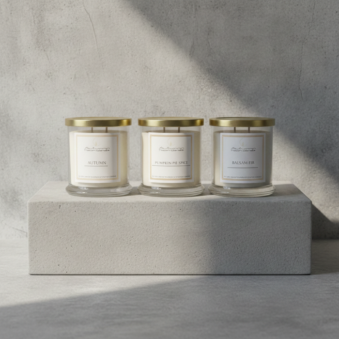 3 Autumn Moon Candles in scents Autumn, Pumpkin Pie Spice and Balsam Fir on concrete block