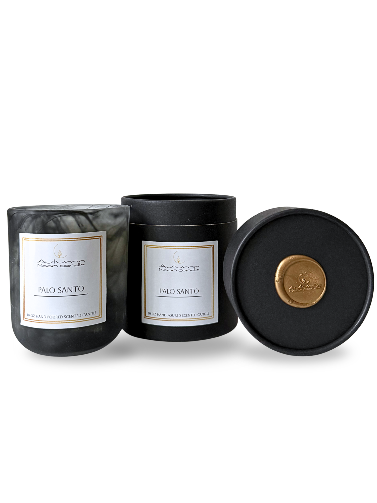 Autumn Moon Candle black candle with a label that says Palo Santo 10oz hand poured scented candle