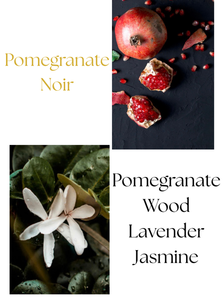 Autumn Moon Candle Pomegranate Noir scent profile is pomegranate, wood, lavender, and jasmine.