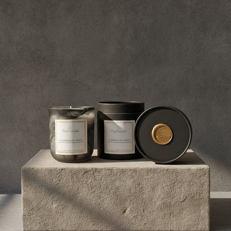 Autumn Moon Candle Pumpkin Pie Spice Candle with black box sitting on a stone pedestal