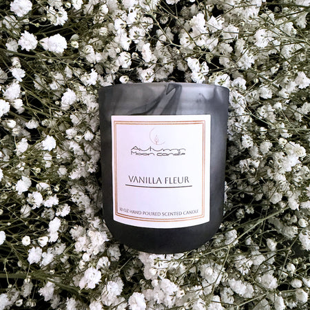 Autumn Moon Candle luxury vanilla fleur candle in black swirl glass. Gift boxed luxury scented candle