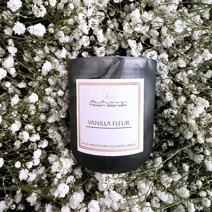 Autumn Moon Candle luxury vanilla fleur candle in black swirl glass. Gift boxed luxury scented candle